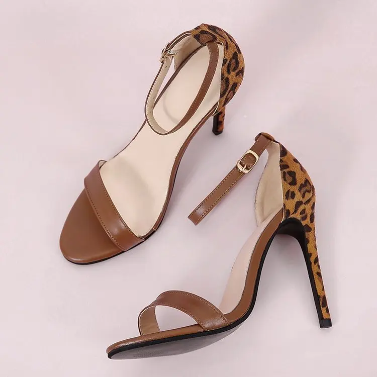 

Elegant women summer fashion ankle wrap patchwork stiletto heeled faux suede pumps pointy toe leopard print lady sandals