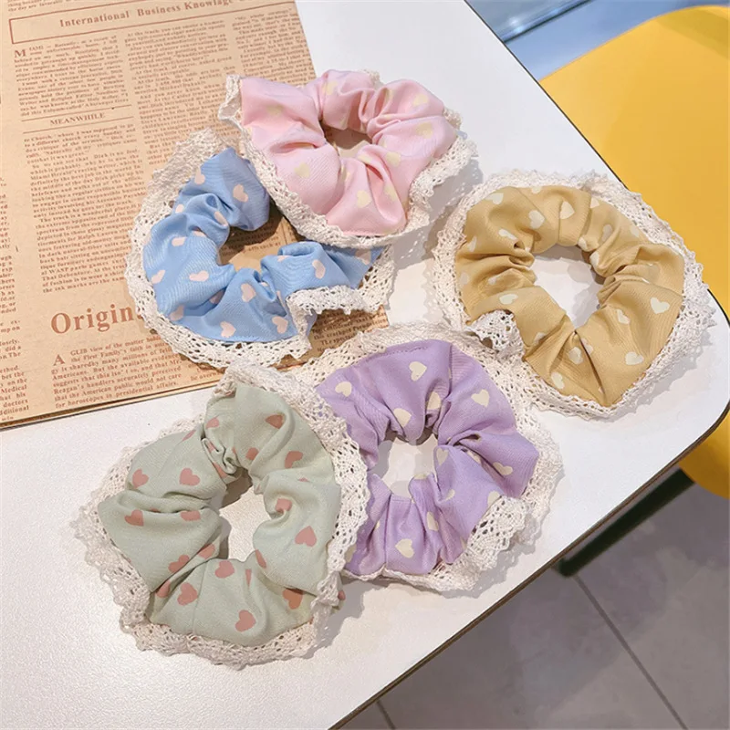 

New Design Women's Valentine's Day Heart Print Sweet Lace Hair Scrunchies