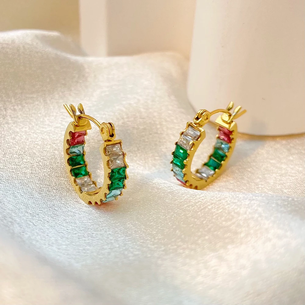 

Fashion Jewelry Double Sided Color Zircon Earrings Jewelry Stainless Steel Plated 18K Gold Cast Gear Earrings
