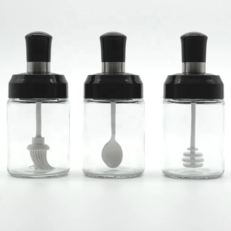 

Glass Jar Spice Containers Condiment Salt Seasoning Storage Bottle With Spoon/ Oil Brush/ Honey Dipper, Transparent