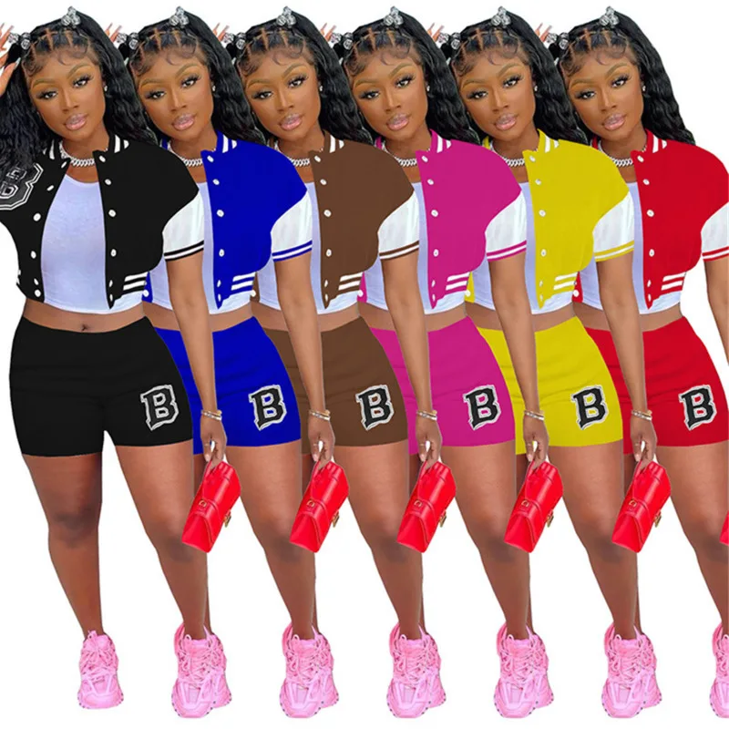 

Summer Women's Two Piece Baseball Letter Printed Varsity Jacket Bomber Sweatsuit Two Piece Set