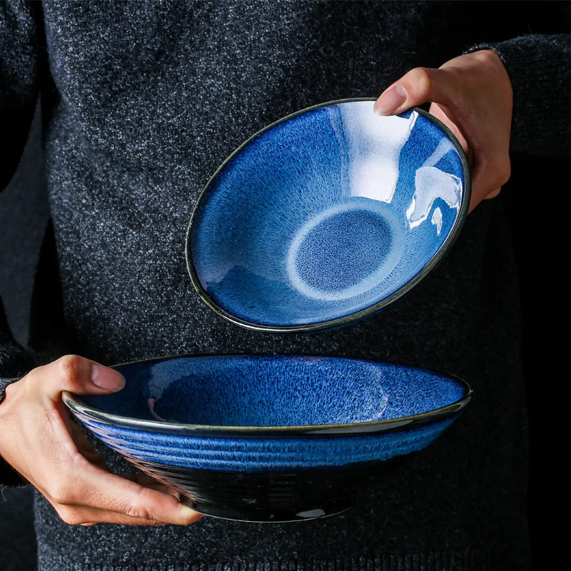 

Japanese home ceramic ramen bowl creative blue glaze retro kiln variable instant noodle soup bowl pasta salad bowl