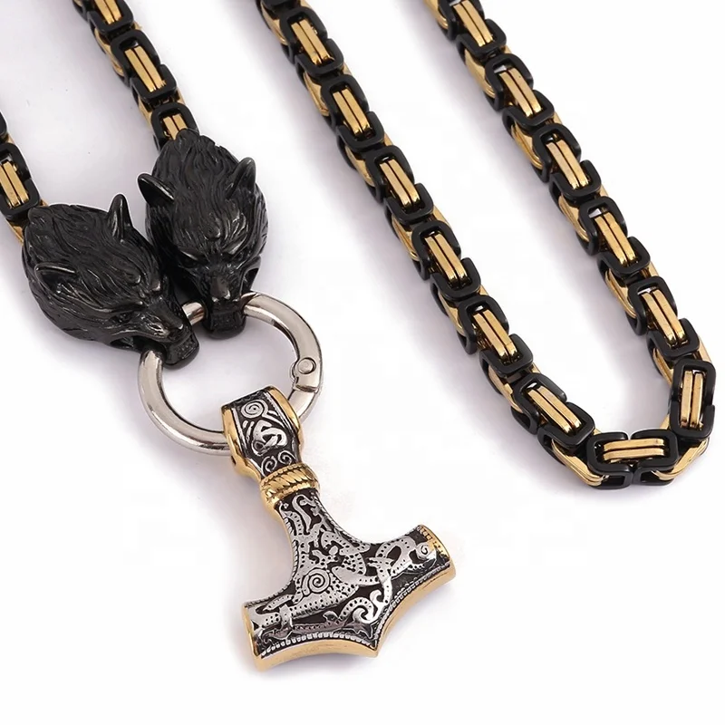 

Punk 18K Gold Plated Byzantine Chain Stainless Steel North Viking Wolf Head Necklace Scandinavian Thor Hammer Necklace Men, 3 colors