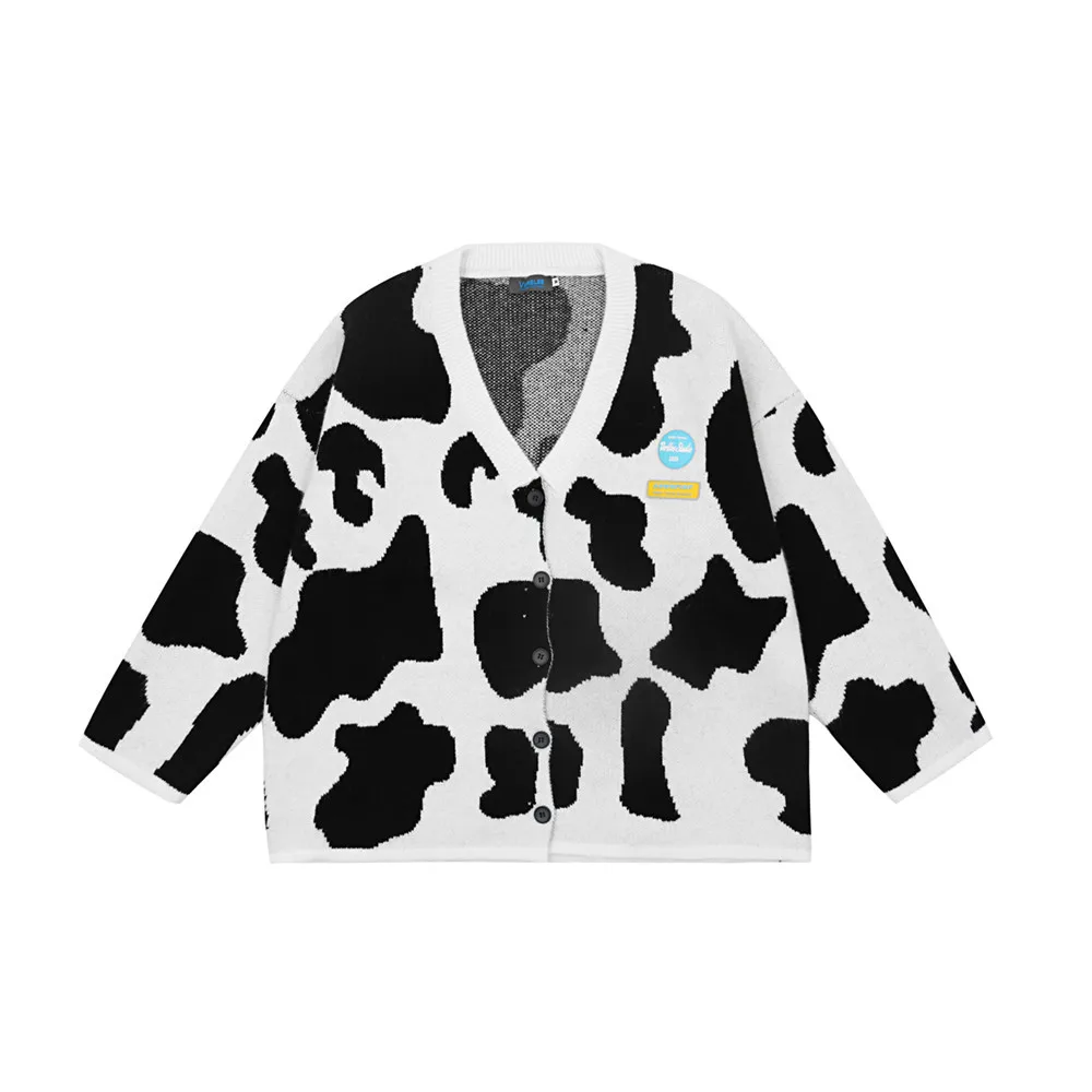 

Cow spots jacquard cardigan sweater men's knit sweater trend jacket