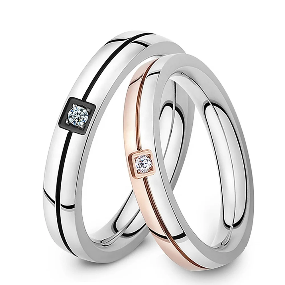 

Stainless Steel Engagement Ring Single Stone Finger Custom Silver Ring For Couples, Black/rose gold