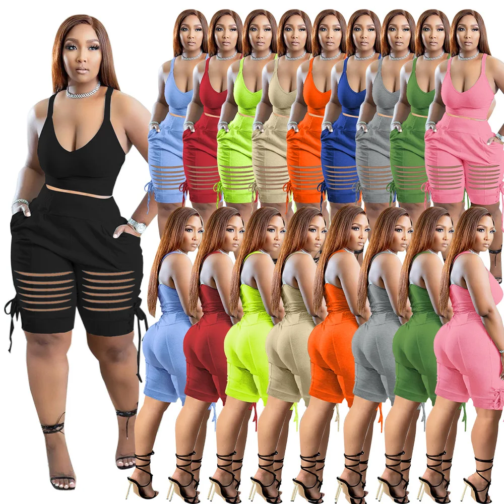 

Skinny Slim Two Piece Sets Women Clothes Casual Sporty Halter Top And Pants Sets Backless 2 piece short set For Women, As picture
