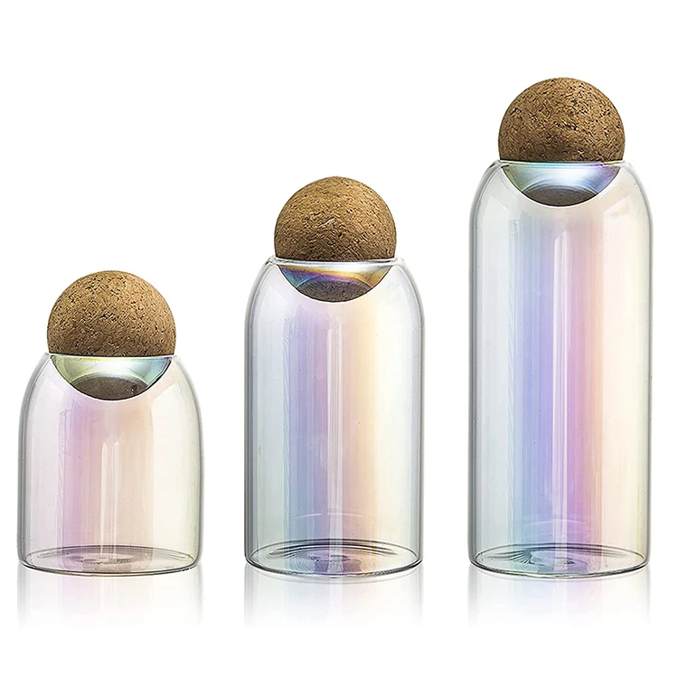 

Unique Laser Colorful Colors High Borolicicate Glass Storage Spice Candy Bottle Jar with Cork Ball Lid, Transparent