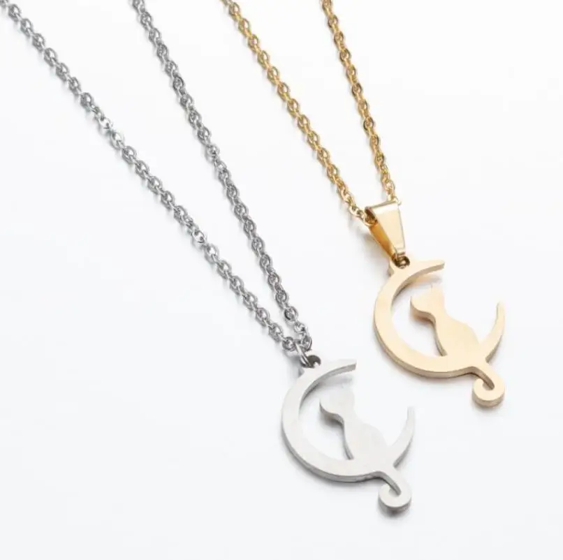 

wholesale necklace Stainless steel moon cat necklace lady lovely temperament moon cat clavicle chain free shipping