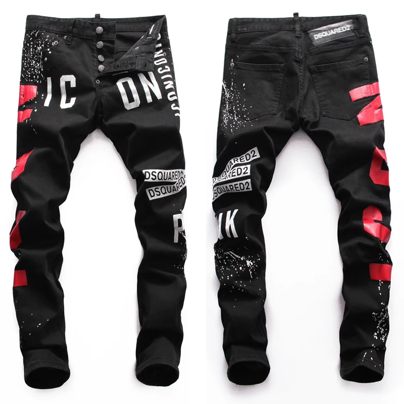 

Spray paint men's jeans washed feet high quality nightclub personality jeans men trousers, Black