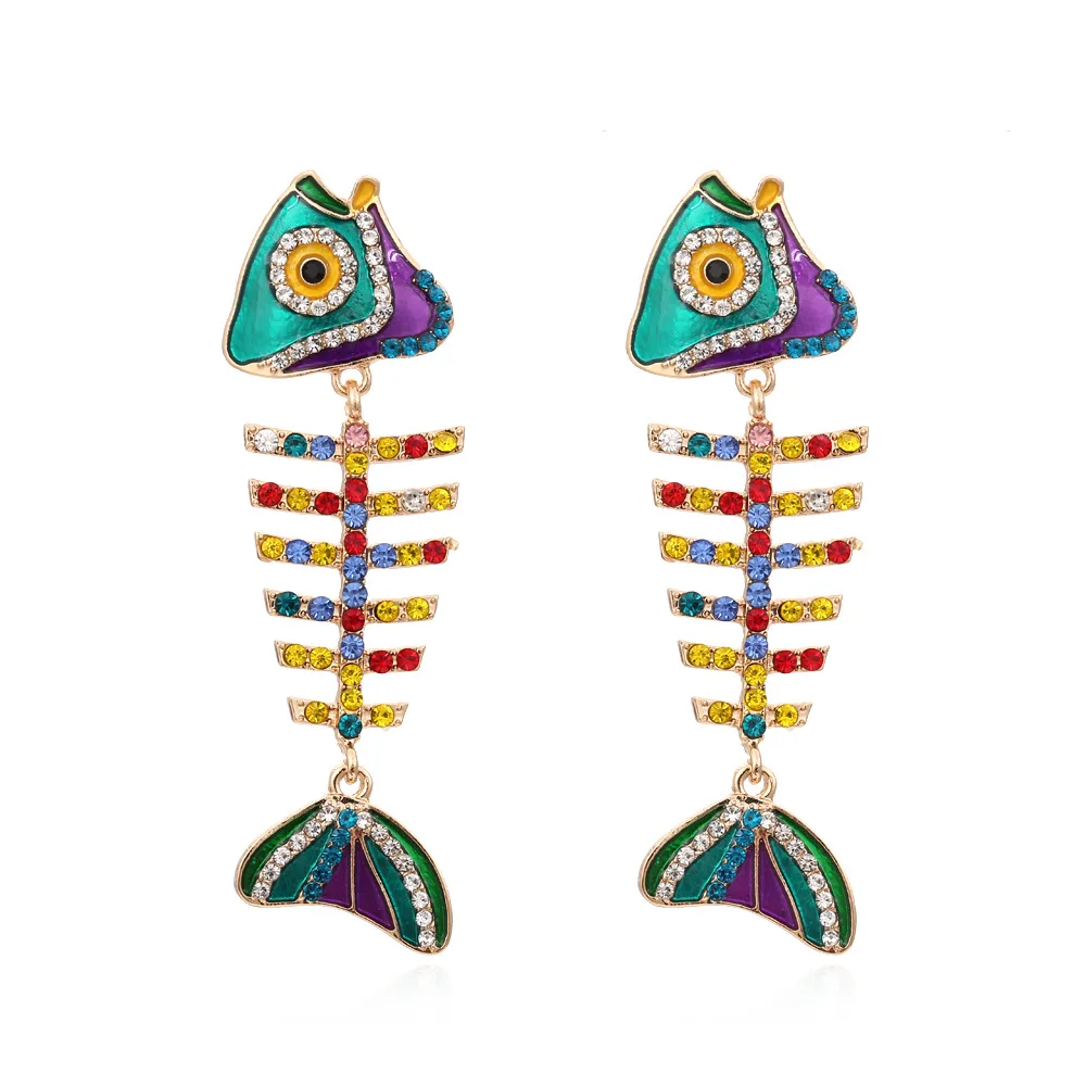 

Fashion Luxury Artificial Colorful Gemstone Fish Earrings Jewelry Exaggerated Rainbow Rhinestone Fish Bone Earring For Women, Picture shows