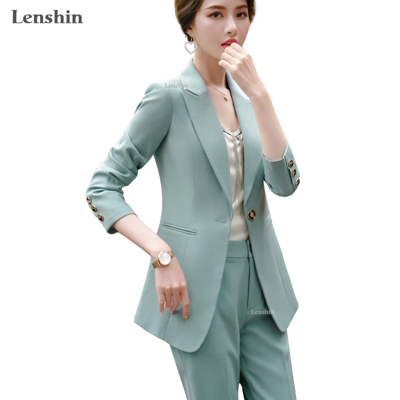 

Wholesale 2 Piece Set Women Pant Suits Office Lady Work Wear Formal Female Single Button Simple Style Green Blazer with Trouser, Green, black