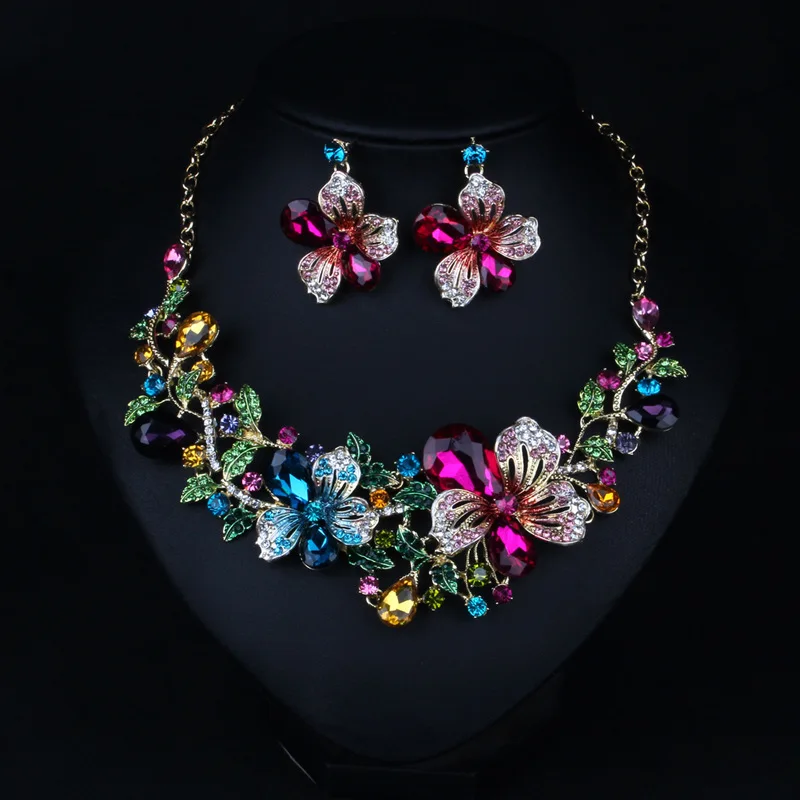 

Hot Fashion Necklace Women High Quality Big Silver Chain Rhinestone Crystal Flower Bib Statement Necklace, As picture