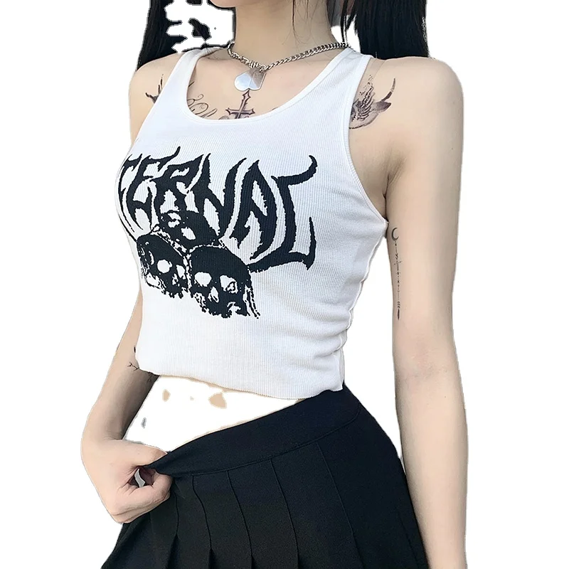 

APOLLO Summer New Cropped Short Vest Female Gothic Style Small Underwaist Skull Print Fashion Ladies Top