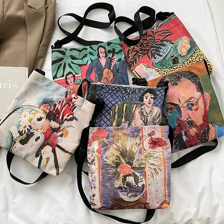 

Low price promotion oil painting canvas printing simple student book shopping bag portable tote bag, 6 colors