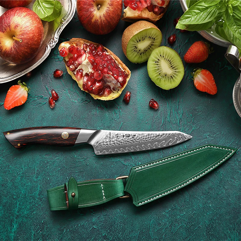 

New arrivals High Carbon 73 layers Damascus Powder Steel G10 Handle Sharp Kitchen Cutting Utility Knife with Leather sheath