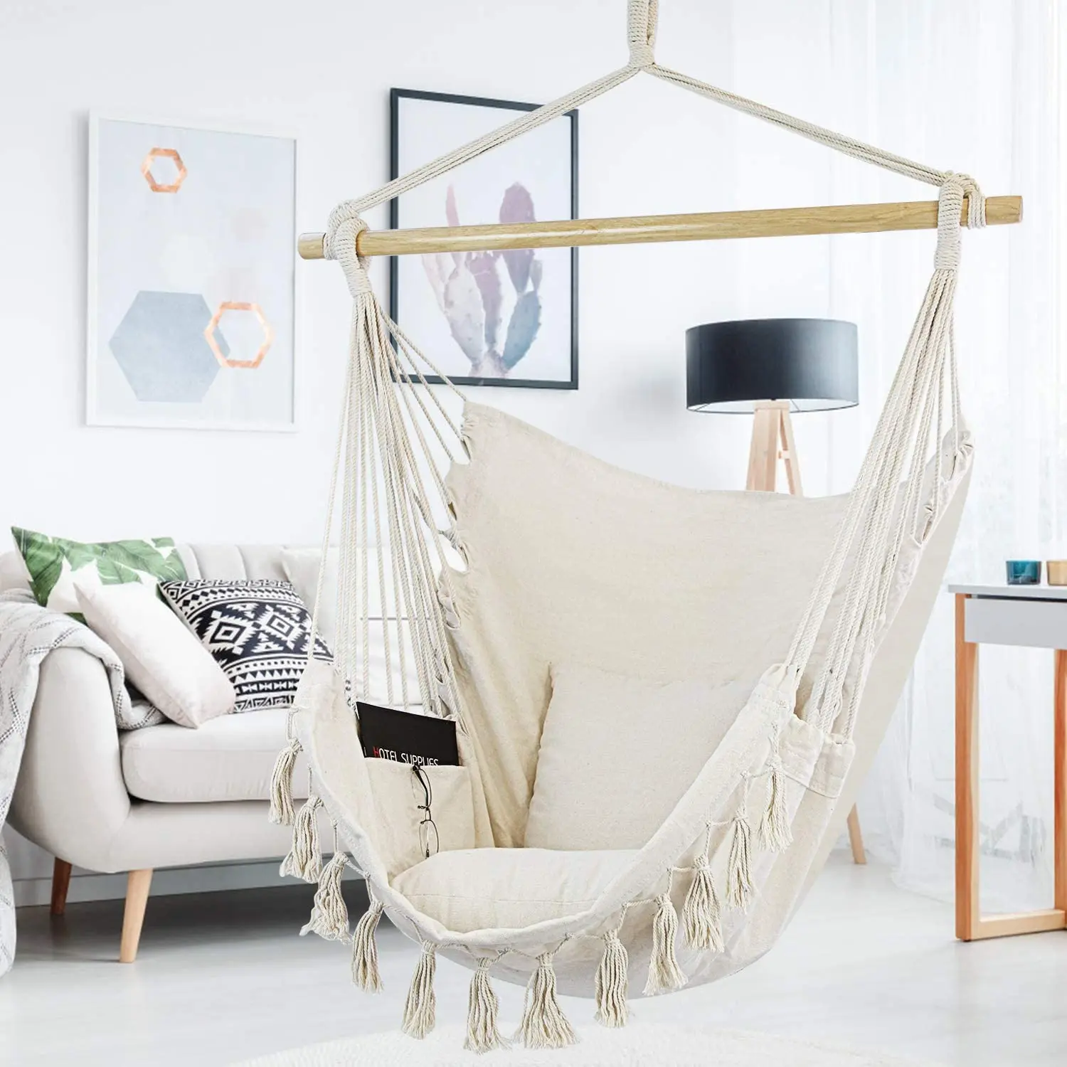 Woqi Hot Sell Outdoor Indoor Hammock Chair with  Macrame Lace Fringe Tassel with Pillow