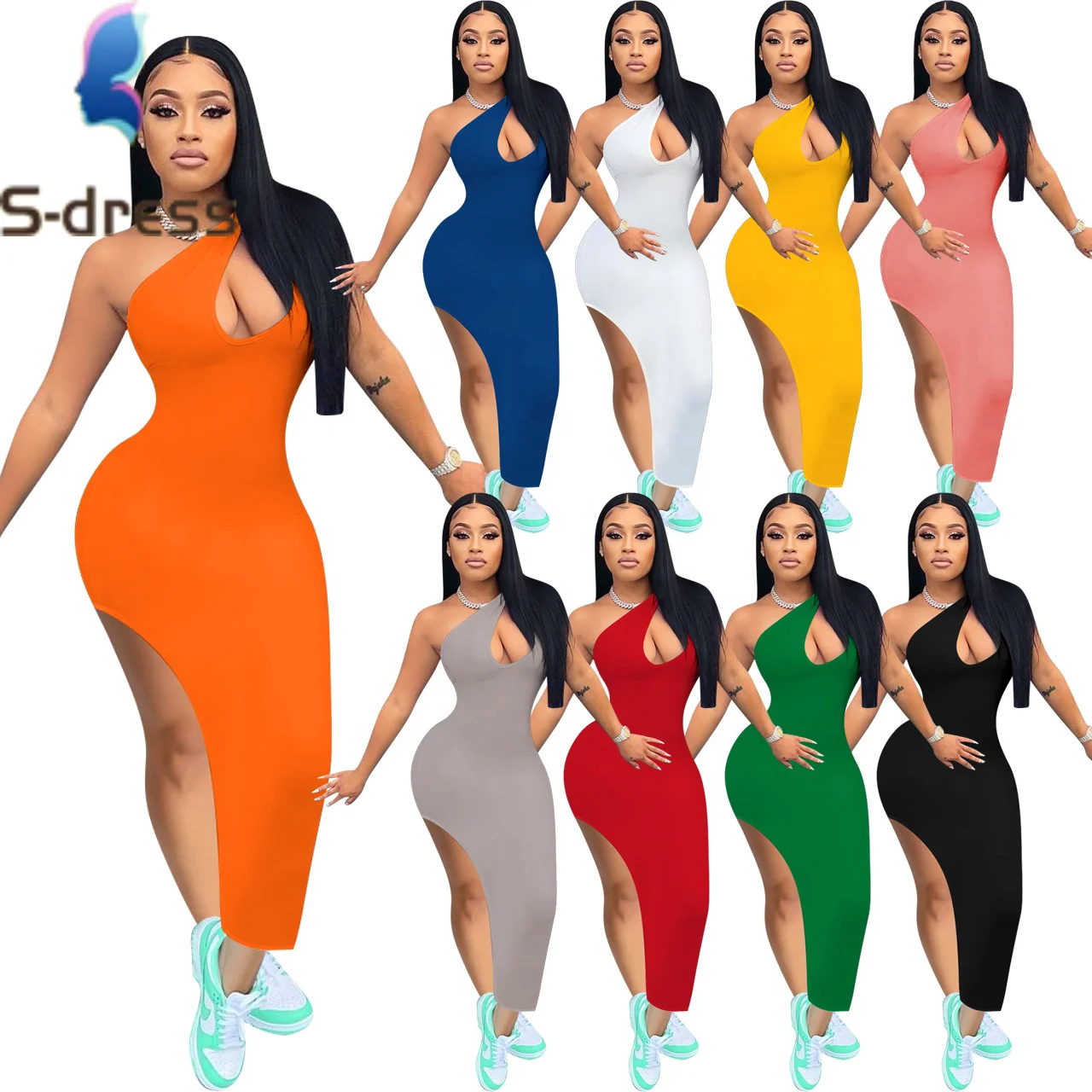 

High Quality Summer Dress 2021 Woman Casual Solid Color Slant Shoulder Slits Dress Women Long Dresses, Picture color