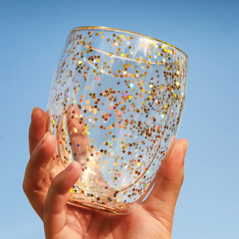 

UCHOME 2020 coffee cup sparkling stars double wall glass bottle, As is