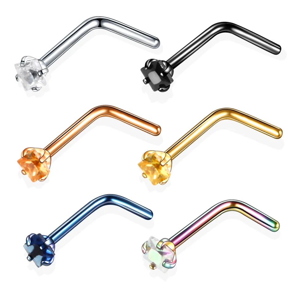 

Stainless steel l-shaped zircon nose studs diamond mixed color 7-shape nose ring piercing jewelry