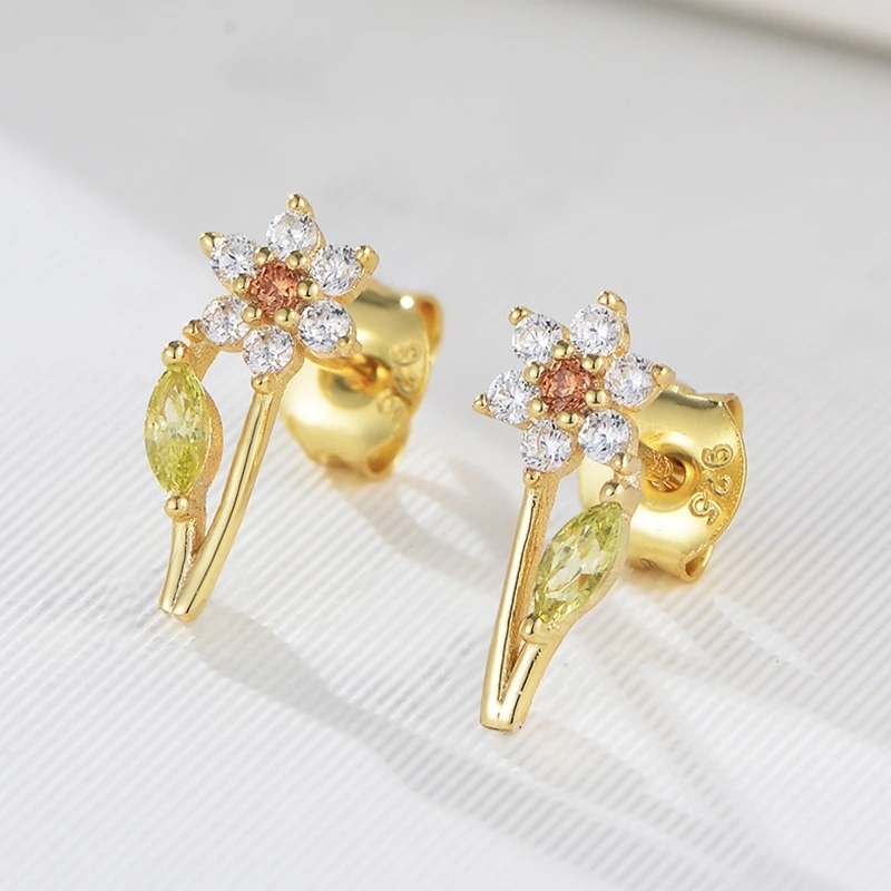champagne Flower Plant Jewelry Gift Psj S 925 Sterling Silver 14k Gold Plated Bling Cubic Zirconia Stud Earrings for Kids Girls