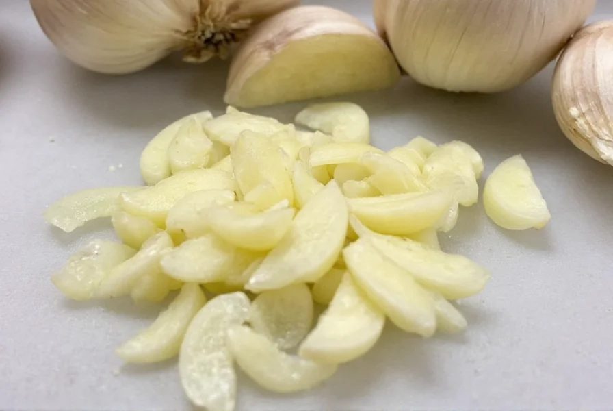 Visual comparison of one garlic clove next to 1/2 teaspoon minced garlic