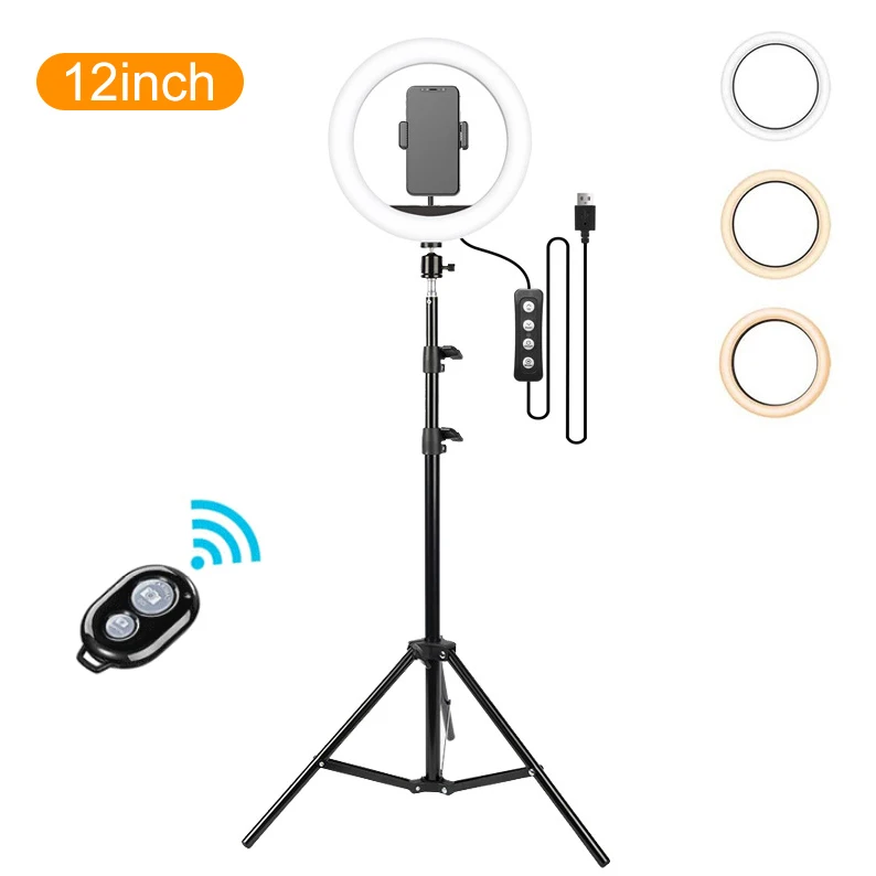 

12" LED selfie ring light with tripod stand & cell phone holder and Blue tooth remote control with 2.0m adjustable stand