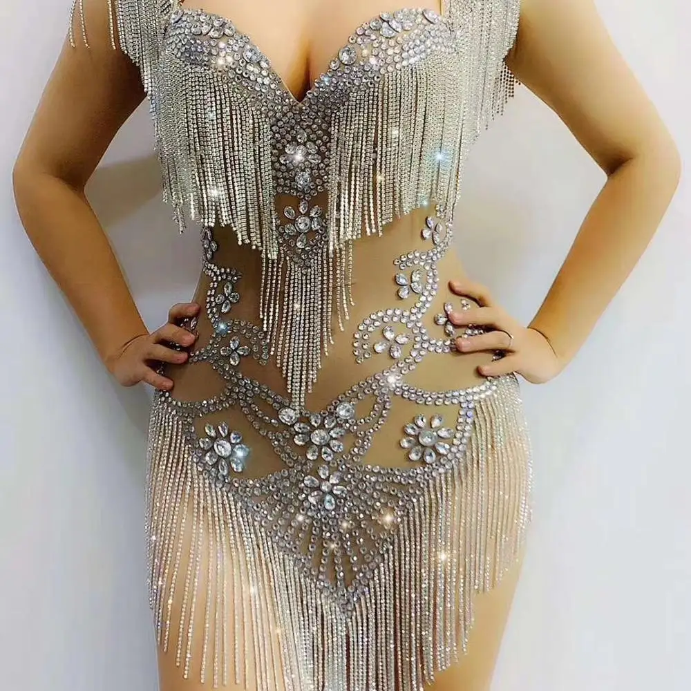 

New Shining Rhinestone Long Sleeves Fringes Jumpsuit Sexy Stage Outfit Birthday Celebrate Dance Tassel Bodysuit Leggings Outfit