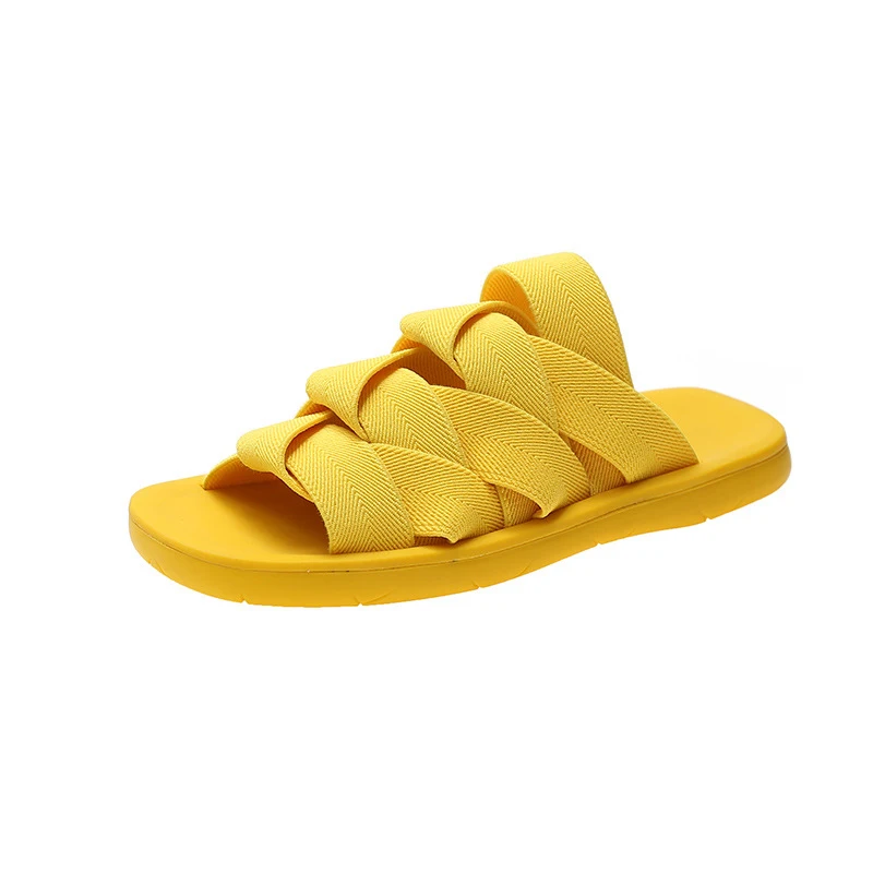 

LX03 Ladies Fashion Weaved Elastic band Flat slippers Light weight Square toe Sandals, As picture or custom