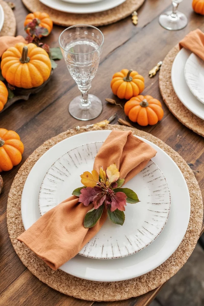 Modern minimalist Thanksgiving table with gray accents and geometric candleholders