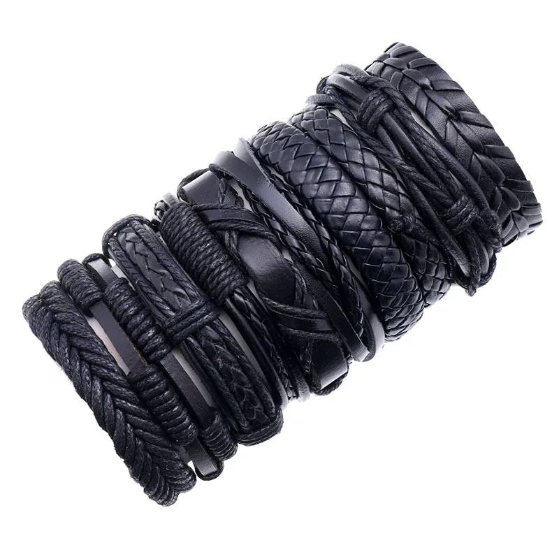 10pcs/set Black Leather Handmade Woven DIY Multi-layer Wrap Braided Bracelets Gifts Jewelry for Men