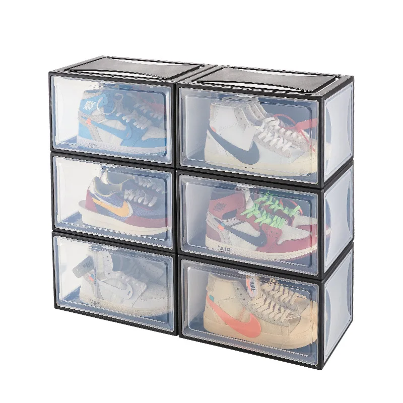 

Foldable Stackable Women Men Plastic PP Clear black Closet Shelf Sneakers Storage box Bins Container Shoe Organizer