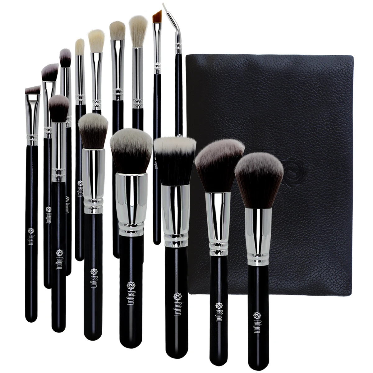 

Drop shipping custom logo black silver vegan crueltyfree face soft kabuki wood 15pcs make up brushes with bag