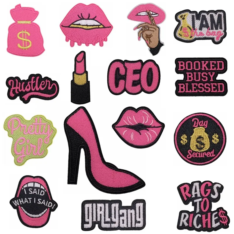 

Iron On Embroidered Black Pink style mouth lips Heels CEO Patches For Clothes Bag Decoration