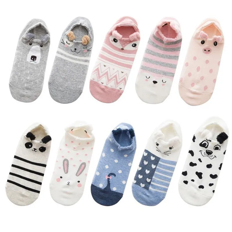 

WIIPU Women's funny cute cartoon cotton socks Little panda rabbit striped socks Puppy kitten rabbit fox 3D ear short ankle socks