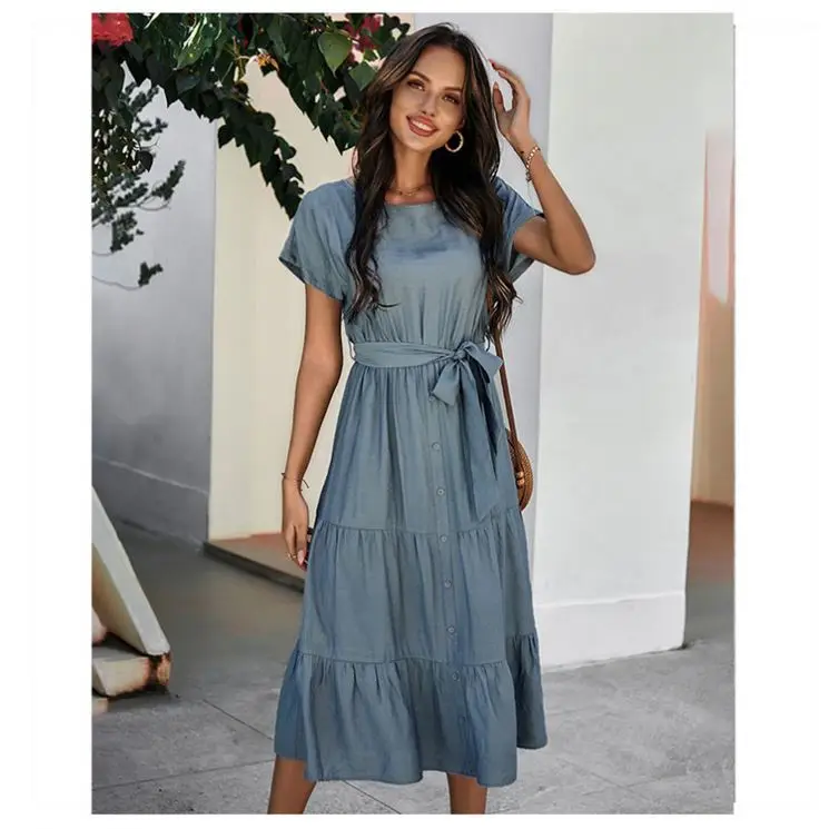 

Hot Selling Trendy Women Clothing Simple Solid Ruffles Casual Dresses With Belt Dresses Women Ladies