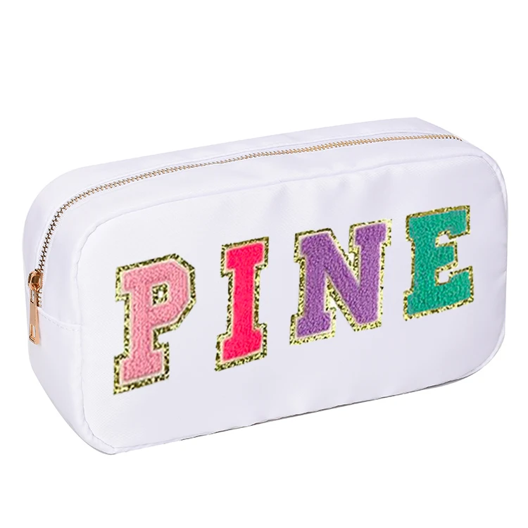 

Pine Waves Customized Makeup Bag Low MOQ Nylon Pouch Glitter Varsity Letter Initial Patches Makeup Bag