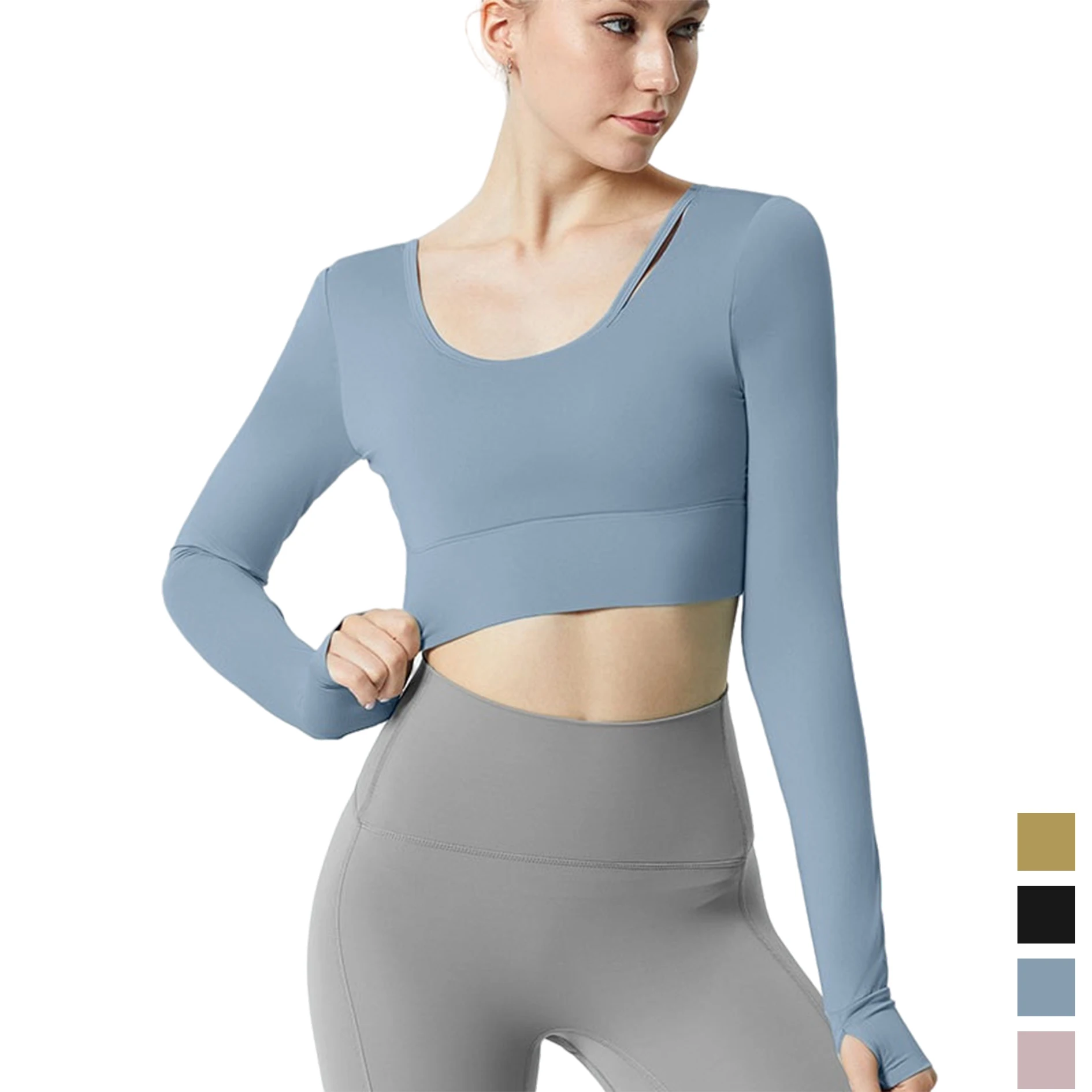 

2021 Women Gym Yoga Shirts With Padded Long Sleeve Sports Workout Cropped Tops U-neck Running Fitness Training Jogging T-shirts, Customized colors
