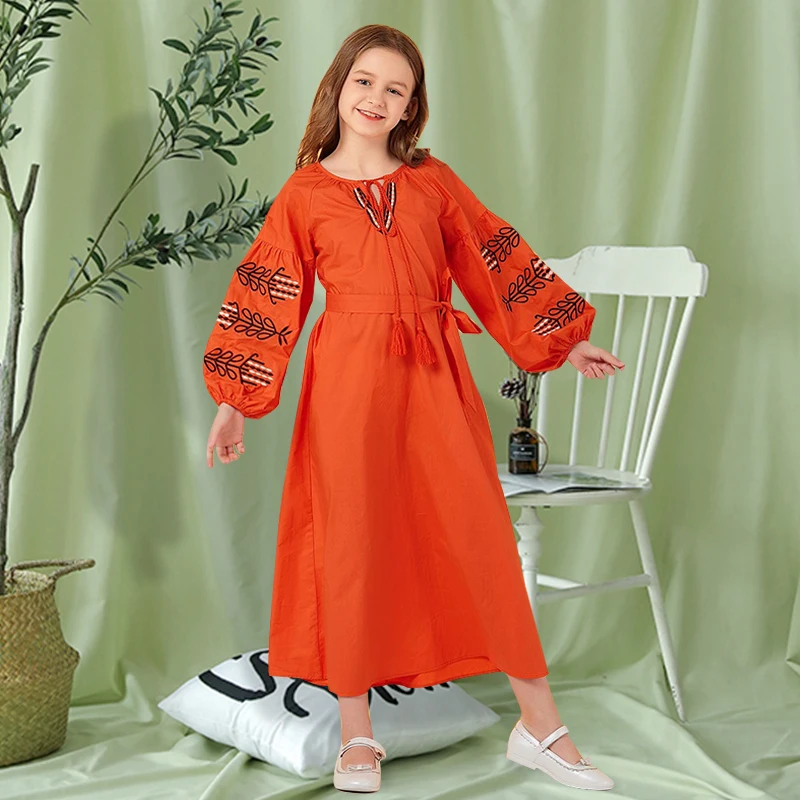 

Islamic Casual Clothing Children Girls Muslim Long Sleeve Loose Floral Abayeh Dress, Orange