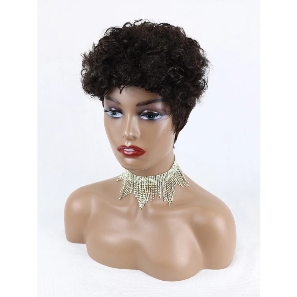 Non Lace Short Human Hair Wigs for Black Women Brazilian Curly Pixie Cut Wigs African American Machine Made Cheap Glueless Wigs