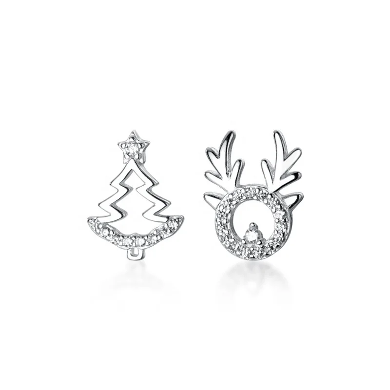 

New Animal Plant Asymmetry Stud Earring for Women 925 Sterling Silver Christmas Tree Elk Pattern Ear Pin Fine Jewelry