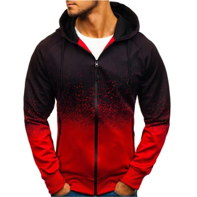 

3D Digital Printed Hooded Gradient Design Men's Jacket, Red/gray/army green