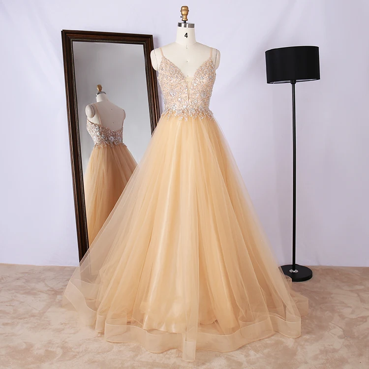 

Wholesale tulle v neck spaghetti strap beaded party dresses women luxurious long evening dresses