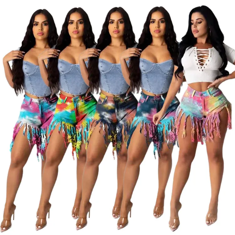 

New Style Casual Tie-dye Stretchy Tassel Straight Jeans Summer Women Sexy Mid-Waist Denim Shorts, As picture