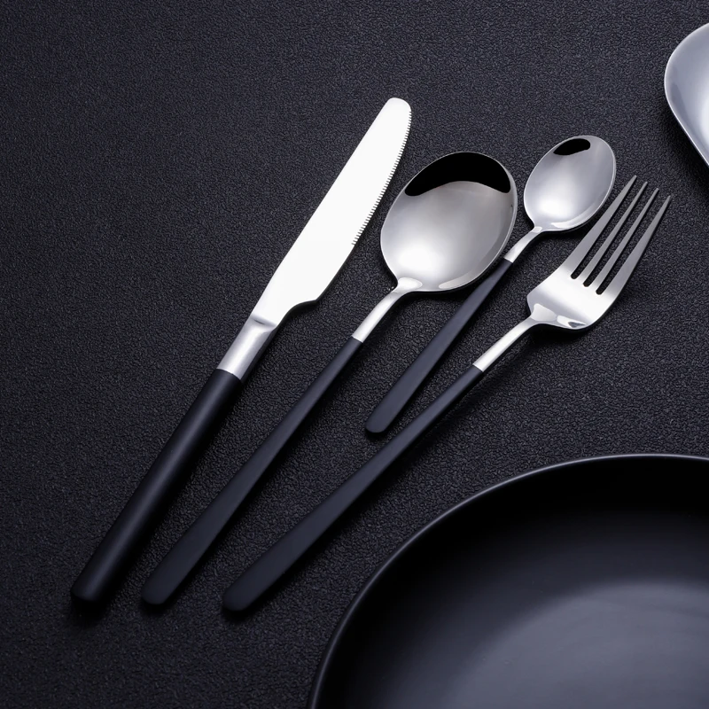 

Factory direct sale 16 pcs stainless steel black handle flatware sets 4pcs/24pcs cutlery set with brown box