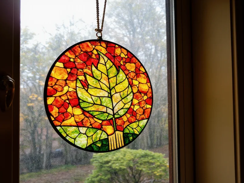 Colorful nature print sun catcher hanging in window light