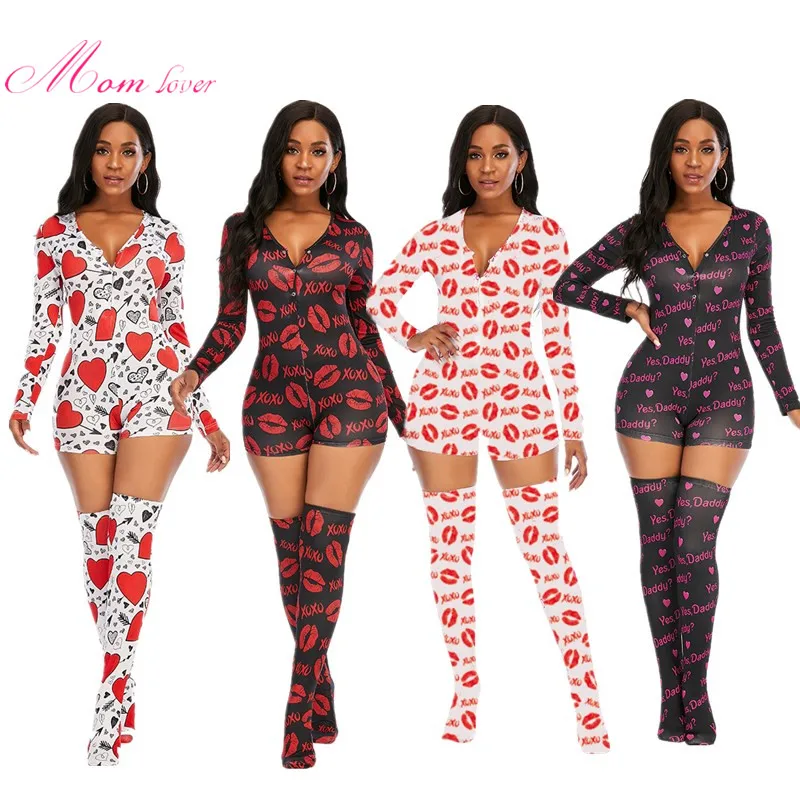 

2020 new Valentine onesie Stretchy sexy women pajamas Deep V long sleeve Shorts Rompers onesie for women