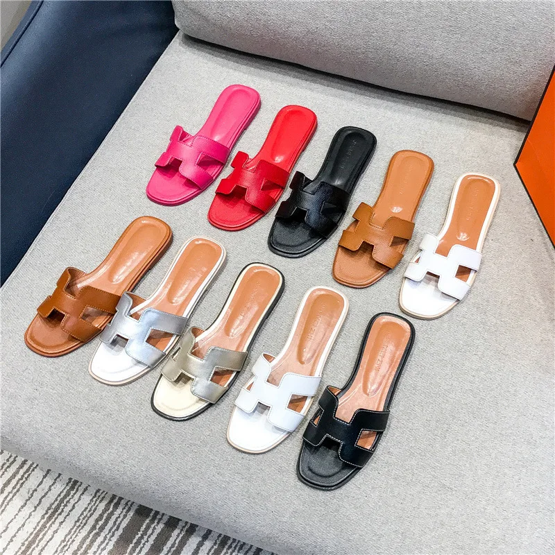 

2022 Summer Women's Flat Sandals One Word Casual Slippers Beach Shoes Slippers Sandals