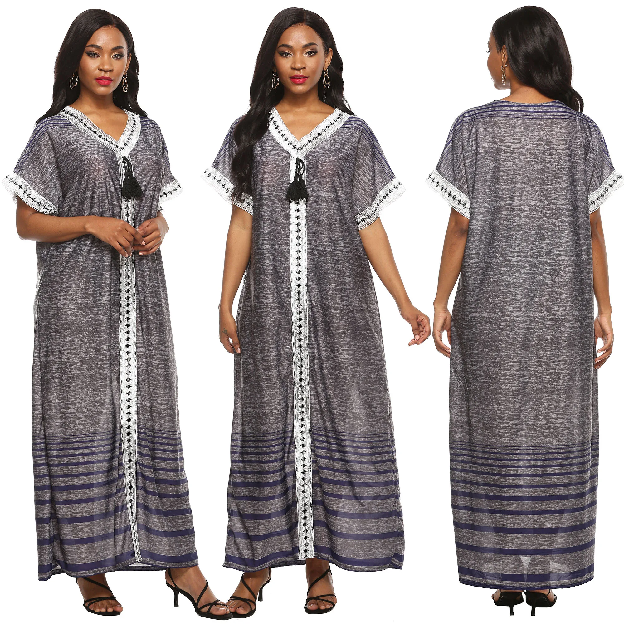 

Lace Insert Stripe Loose V Neck Women Leisure Wear Printed Maxi Long Africa Dress