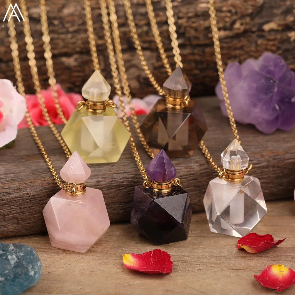 

Diamond Faceted Rose Quartz Lemon Quartz Smoky Crystal Amethyst Gold Chain Necklace With Perfume Bottle Oil Pendant, As picture