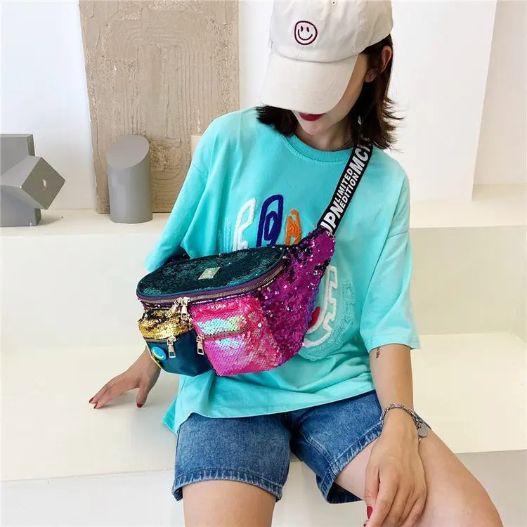 

2021 New Style Luxury Sequins Crossbody Chest Waist Bag Party Festival Shiny Adjustable Sling Belt Bag Glitter Woman Fanny Pack, Customizable